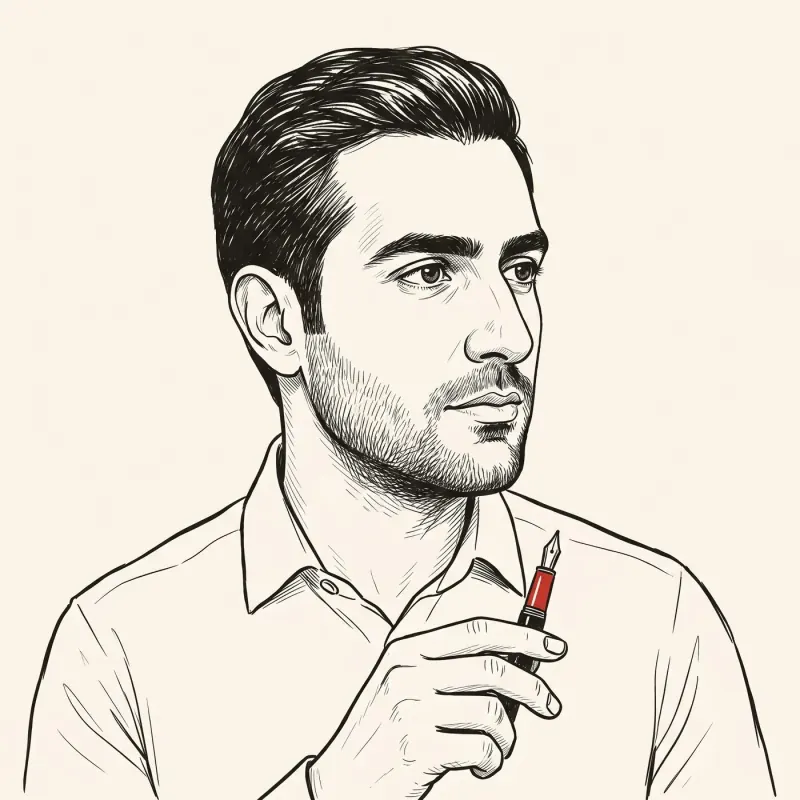 Editorial line illustration of a self-employed expat holding a fountain pen mid-air, paused while thinking about a contract decision.
