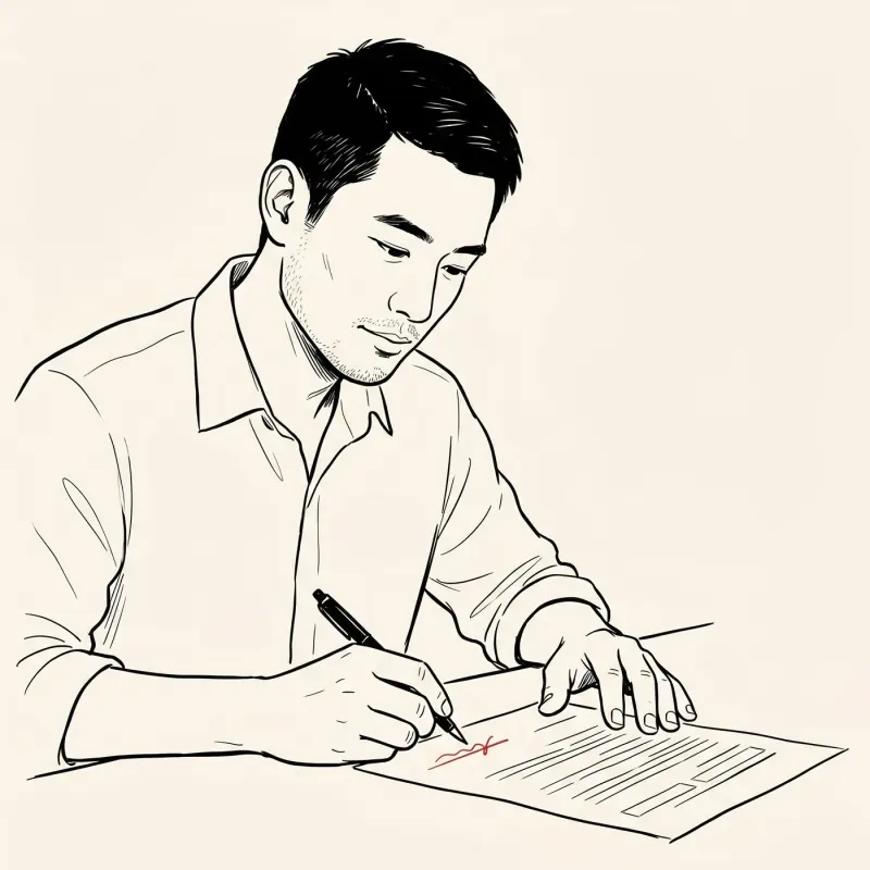 Illustrated portrait of a thoughtful adviser in glasses examining a folded document with a small red wax seal — calm, considered, balanced.