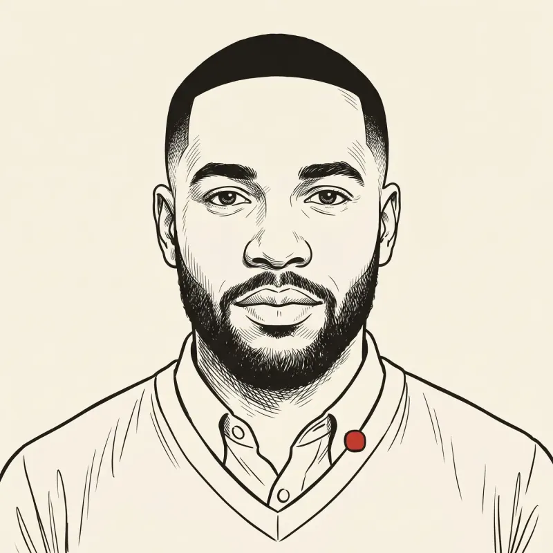 Editorial illustration of a man in front-facing portrait, calm steady gaze, with a small red lapel pin on his sweater.