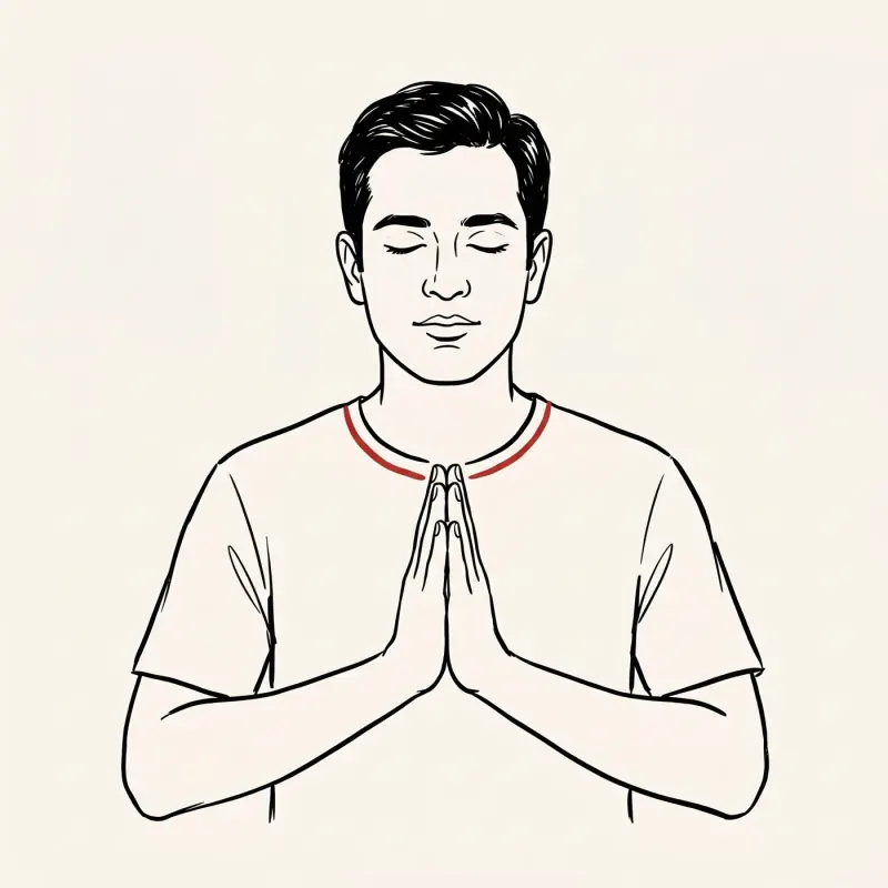 Illustrated portrait of an expat in seated meditation pose with hands at heart-center, calm centered expression.