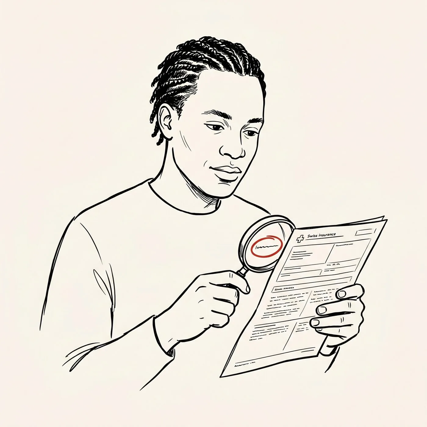 Illustrated portrait of an expat examining a Swiss insurance document with a magnifying glass, with a small red circle marking the line that matters.