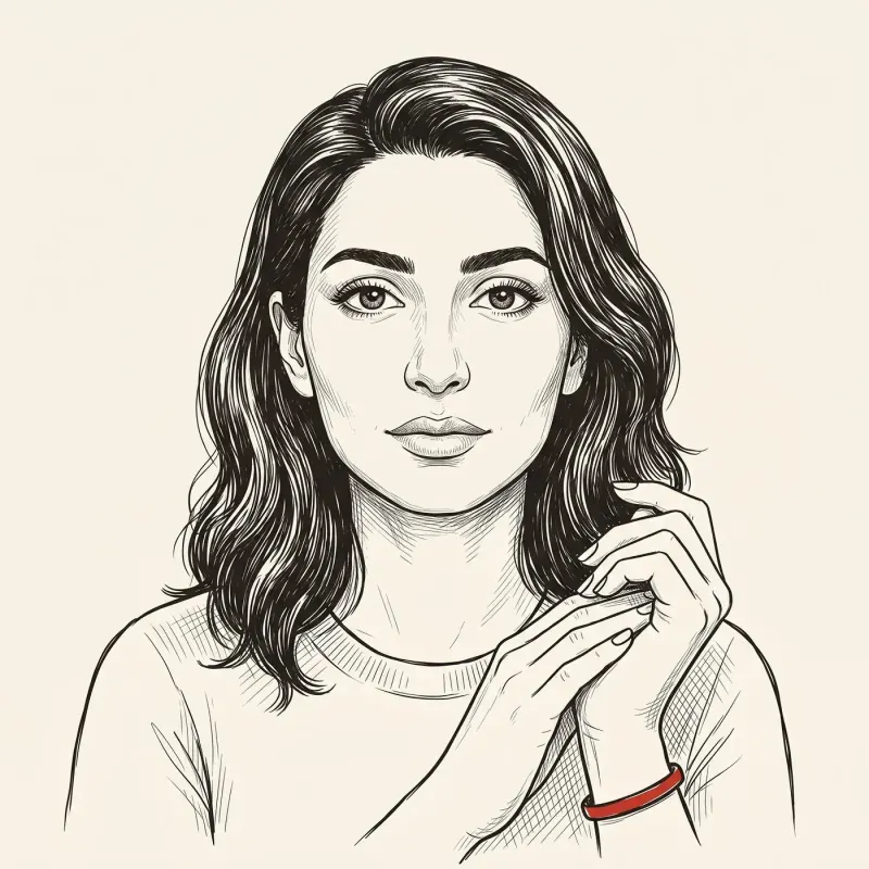 Editorial illustration of a woman in a calm composed pose, hands clasped at chest, with a small red bangle on her wrist.