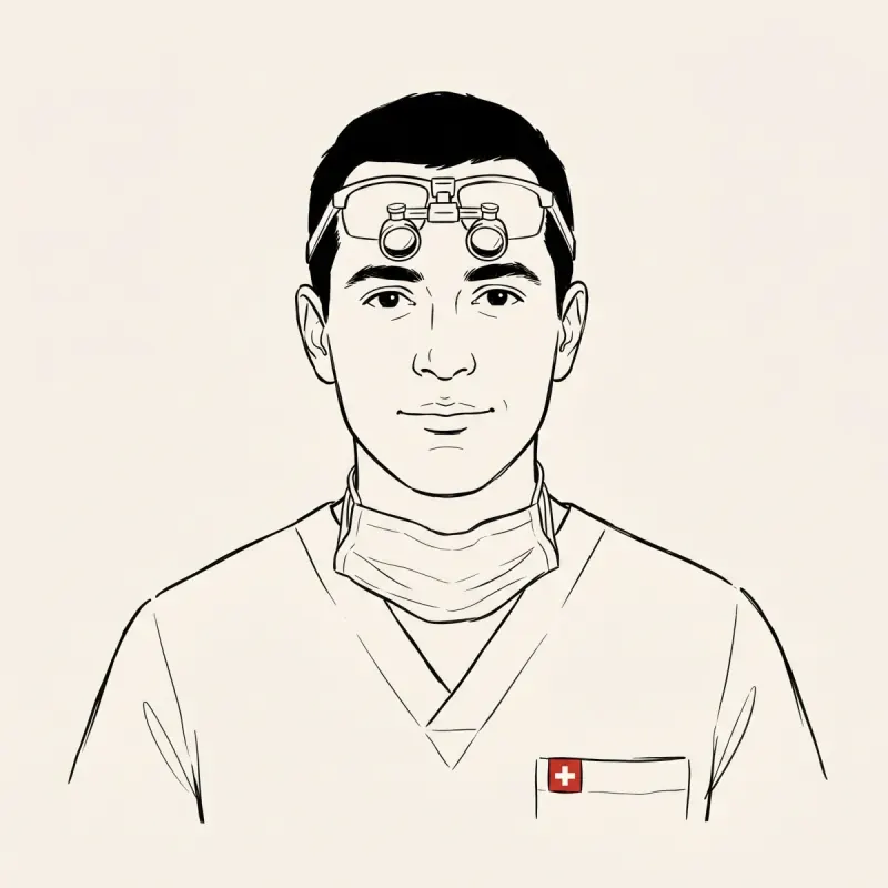 Illustrated portrait of a Swiss dental professional in scrubs with a surgical mask at the neck and dental loupes on the forehead.