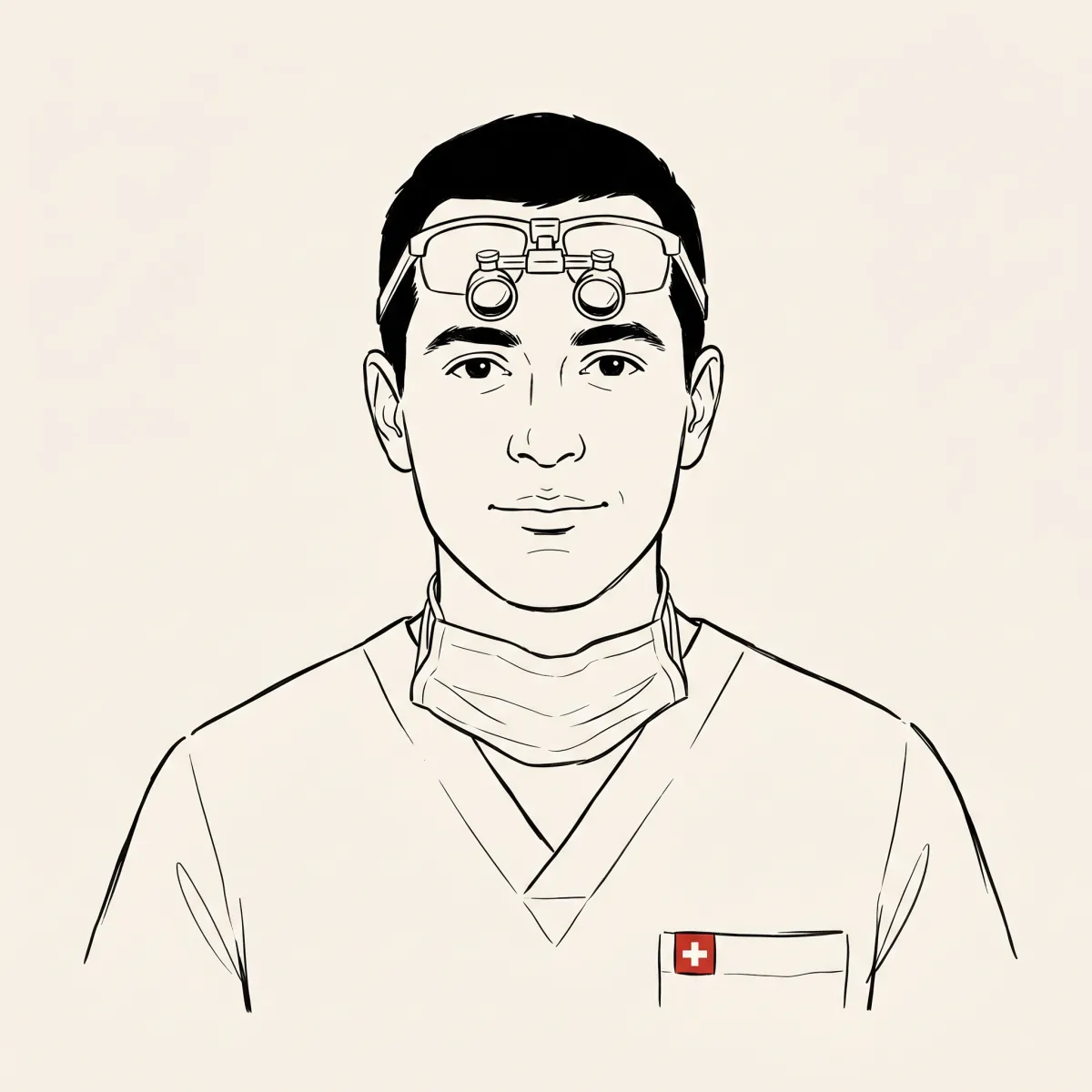 Illustrated portrait of a Swiss dental professional in scrubs with a surgical mask at the neck and dental loupes on the forehead.