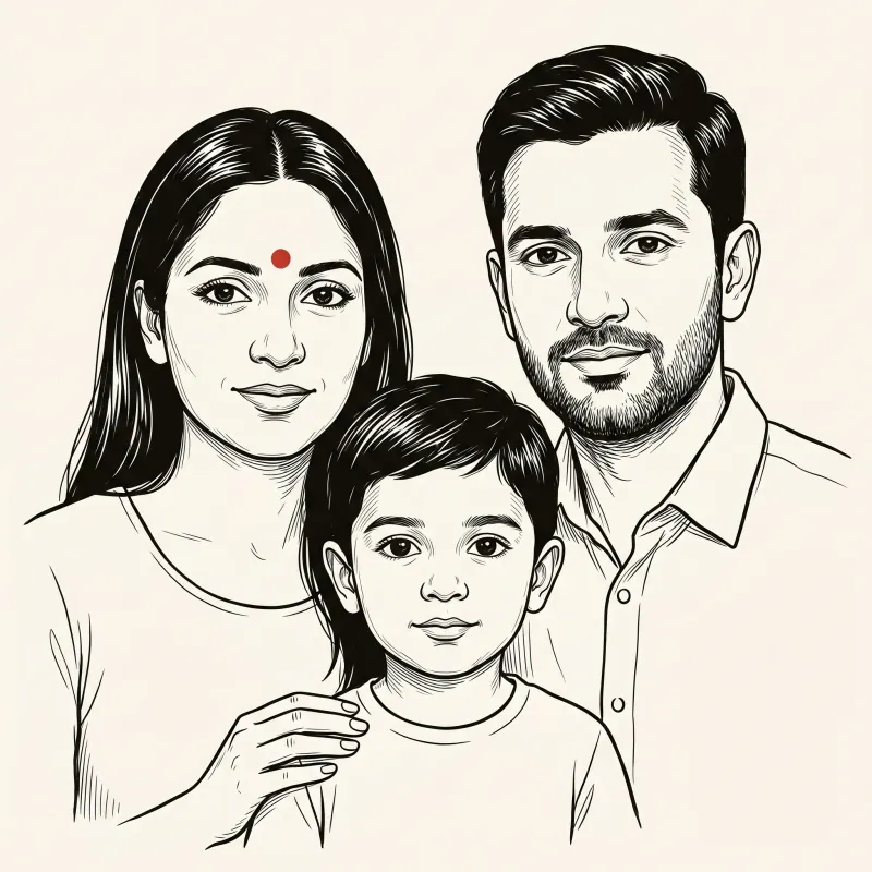 Editorial line illustration of a family of three — mother, father, young child — in a calm composed group portrait, with a small red bindi accent.