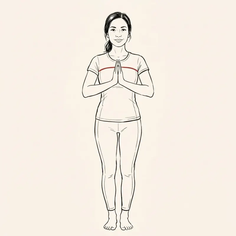 Illustrated portrait of a fit person in standing mountain yoga pose with hands together at heart-center, calm focused expression.