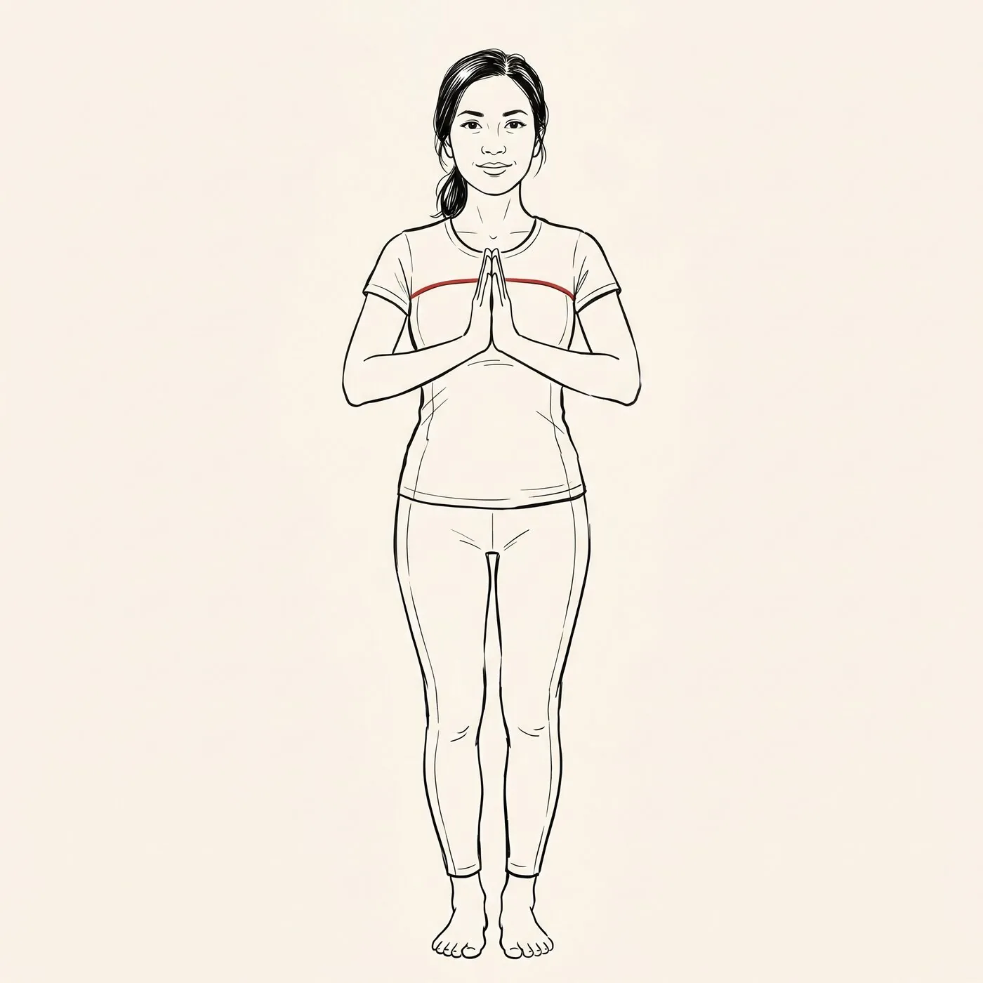 Illustrated portrait of a fit person in standing mountain yoga pose with hands together at heart-center, calm focused expression.