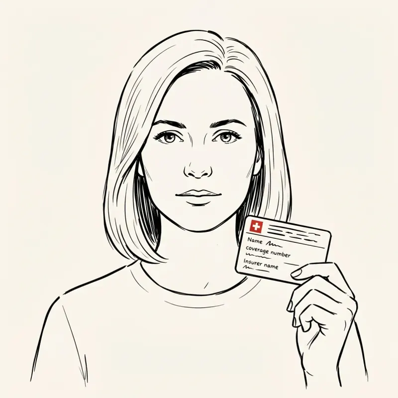 Illustrated portrait of an Eastern European expat holding a Swiss health insurance card with a small red Swiss cross visible in the corner.