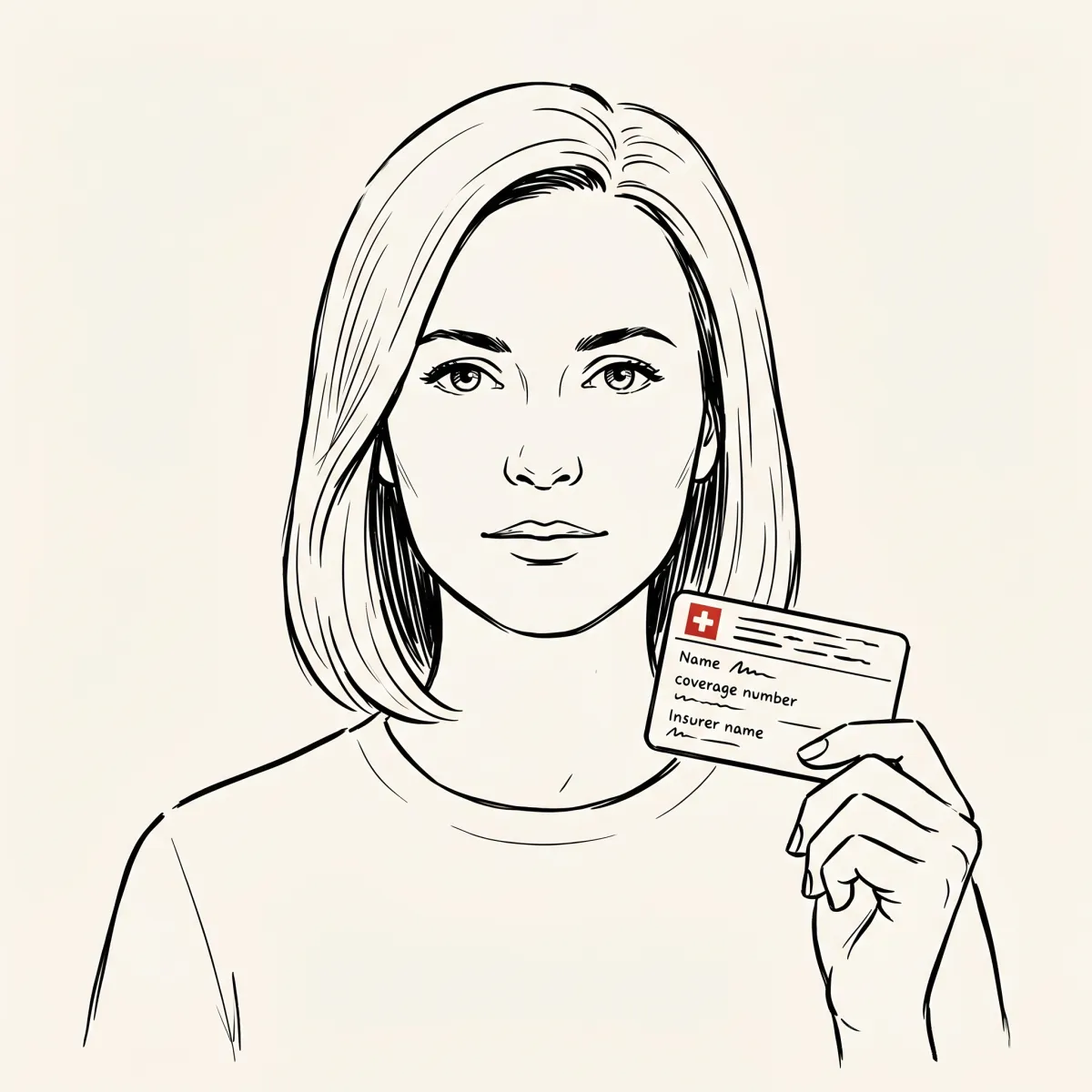 Illustrated portrait of an Eastern European expat holding a Swiss health insurance card with a small red Swiss cross visible in the corner.