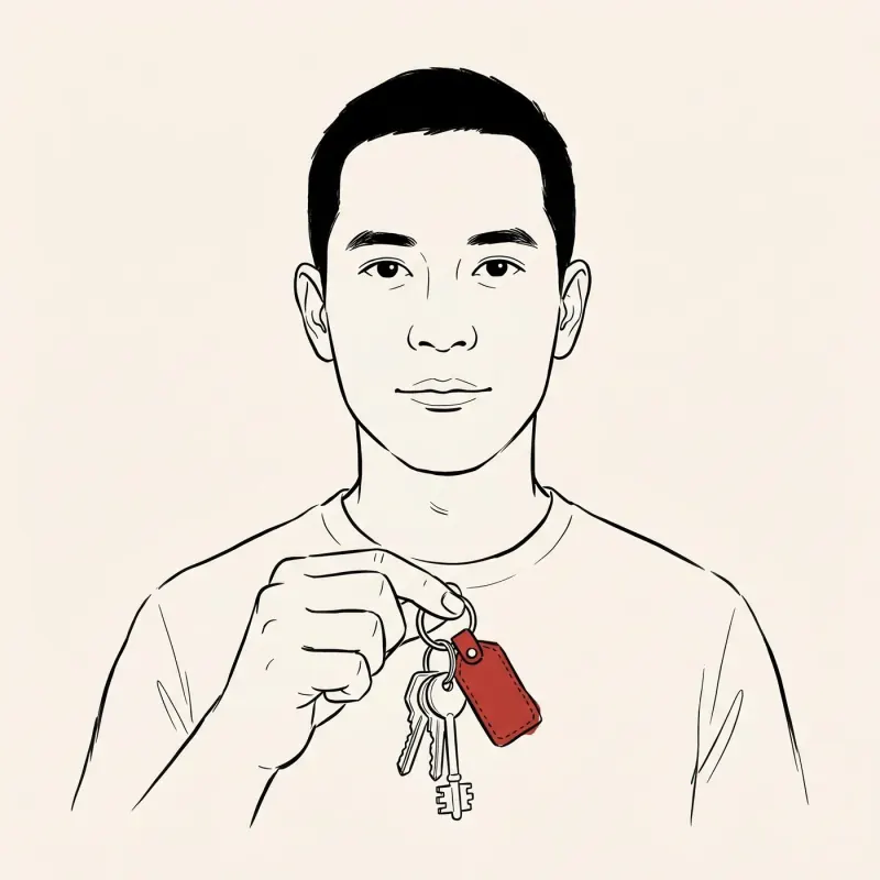 Illustrated portrait of an expat holding a bunch of house keys with a small red leather keychain tag — settled, calm expression.