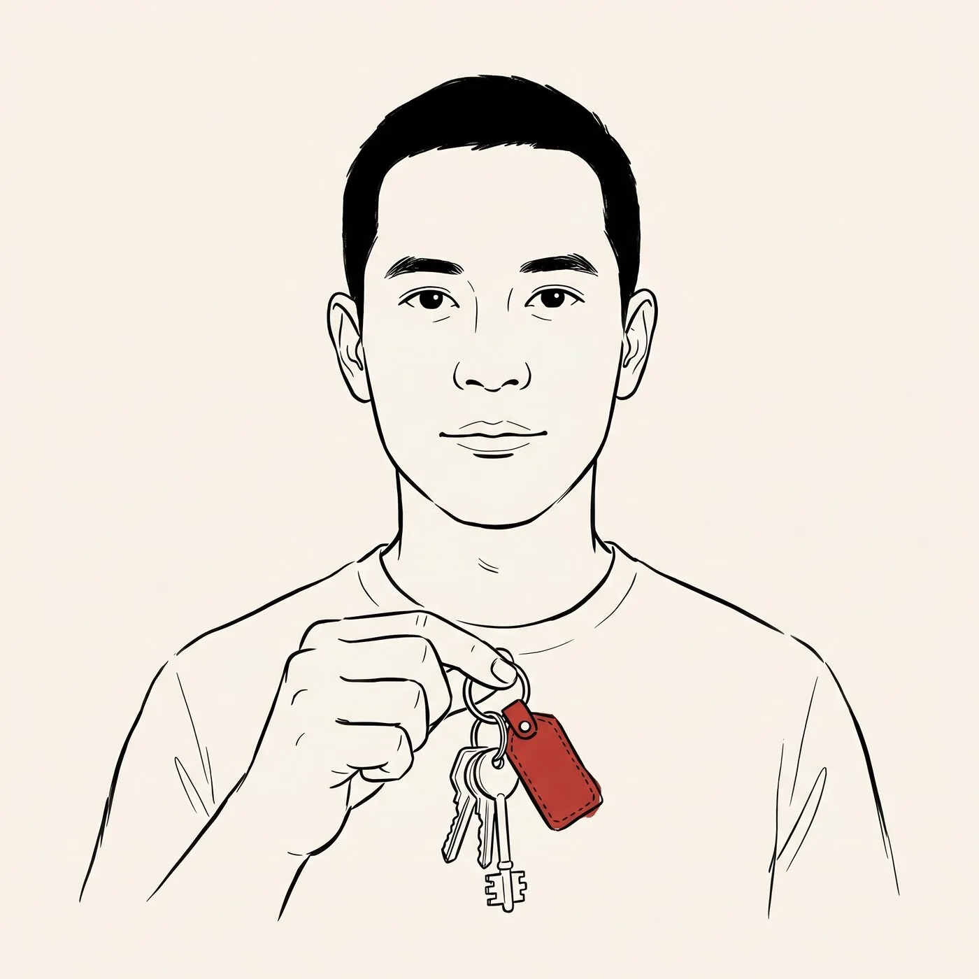 Illustrated portrait of an expat holding a bunch of house keys with a small red leather keychain tag — settled, calm expression.