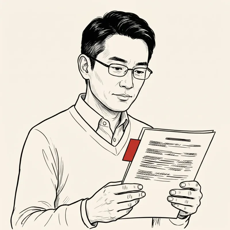 Editorial line illustration of an advisor in reading glasses studying a contract, with a small red page-flag marking an important clause.