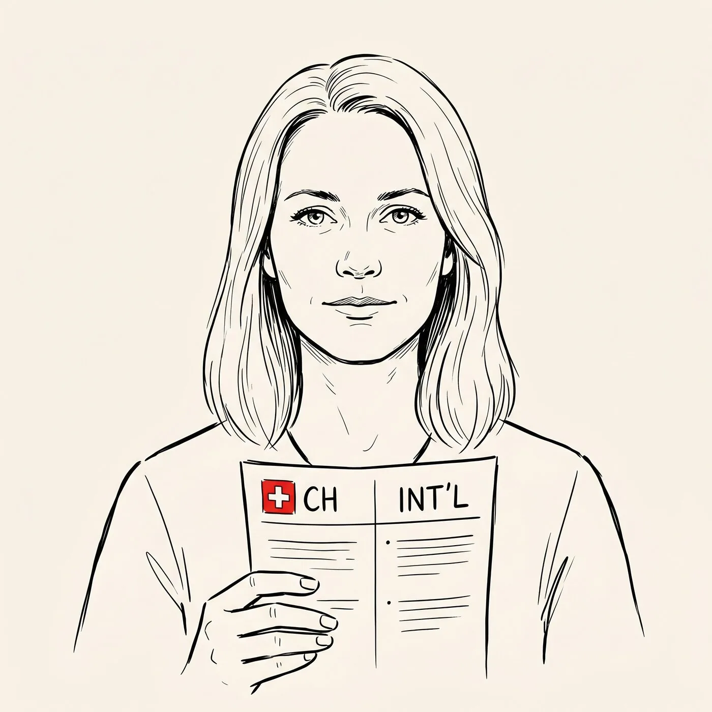 Illustrated portrait of an expat holding a comparison document with CH and INT'L columns side by side, a small red Swiss cross marking the Swiss column.