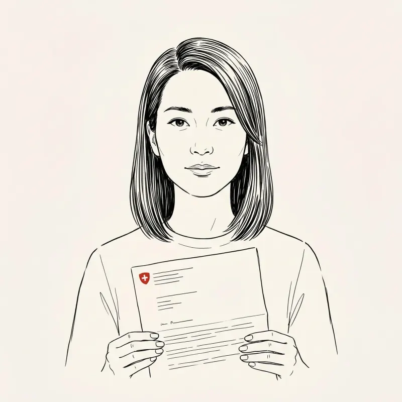 Illustrated portrait of an expat holding a Swiss pension fund letter with a small Swiss cross logo on the letterhead, calm considered expression.