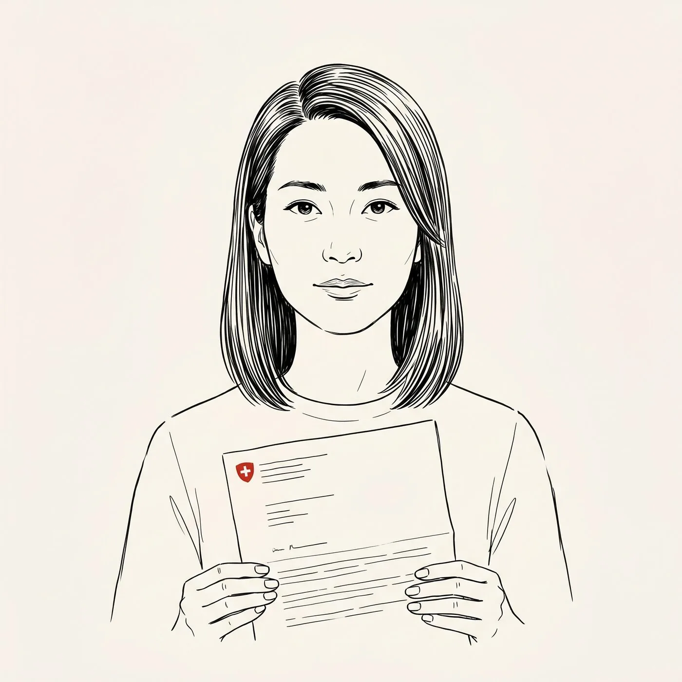 Illustrated portrait of an expat holding a Swiss pension fund letter with a small Swiss cross logo on the letterhead, calm considered expression.