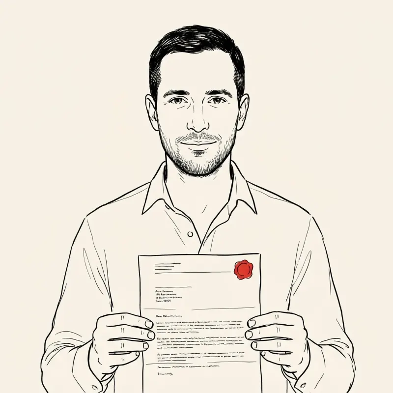 Illustrated portrait of an expat holding a Swiss legal letter with a small red wax seal, calm and prepared expression.