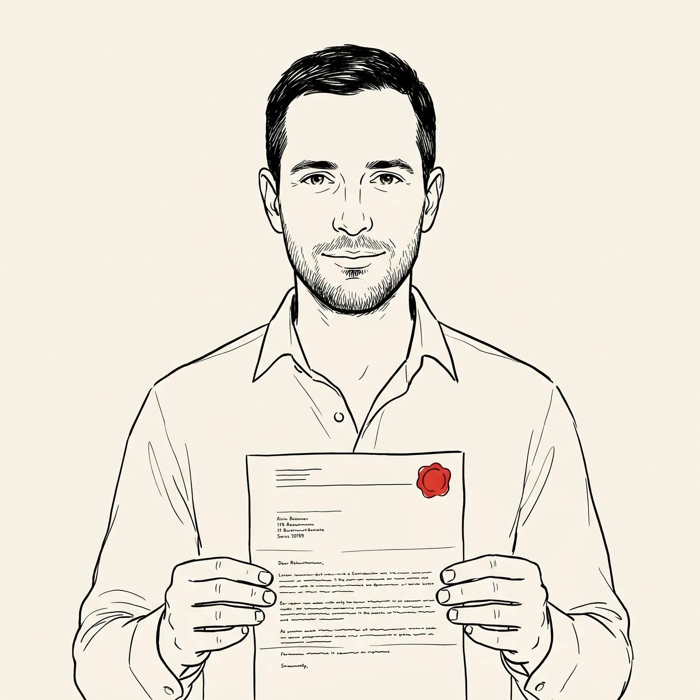 Illustrated portrait of an expat holding a Swiss legal letter with a small red wax seal, calm and prepared expression.