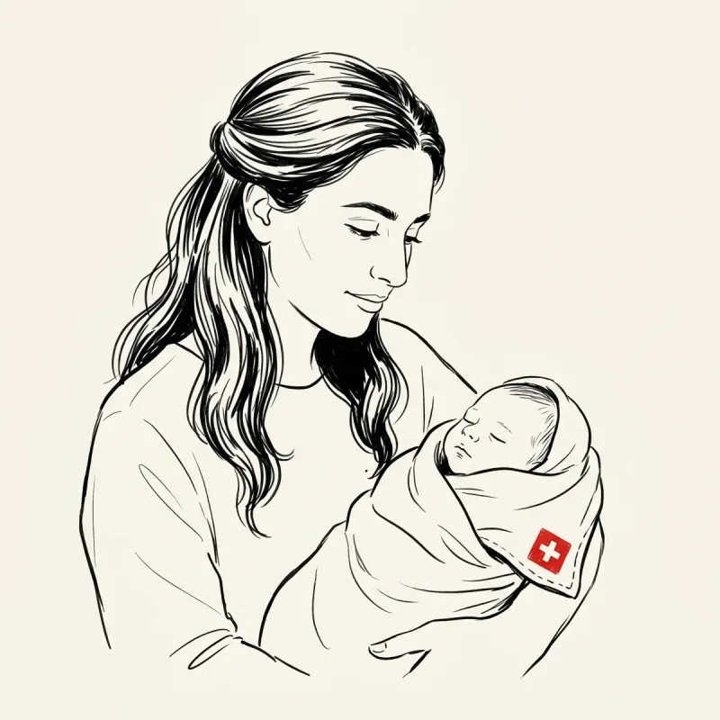 Illustrated portrait of a parent holding a swaddled newborn with a small red Swiss medical cross visible on the corner of the swaddle.