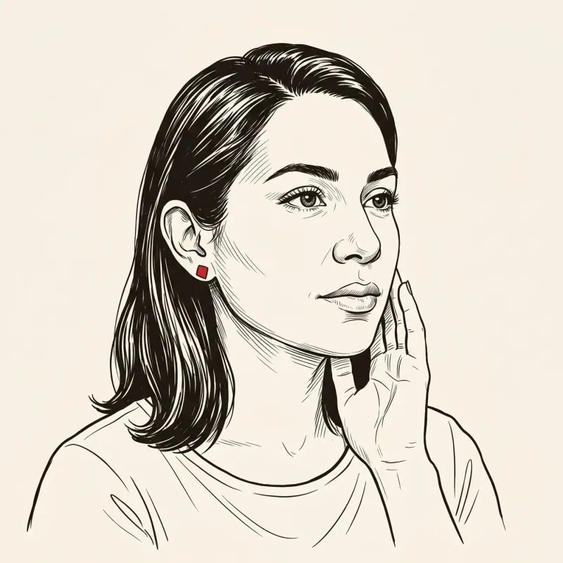 Editorial illustration of a woman in a thoughtful listening pose, hand resting at her jaw, with a small red earring.