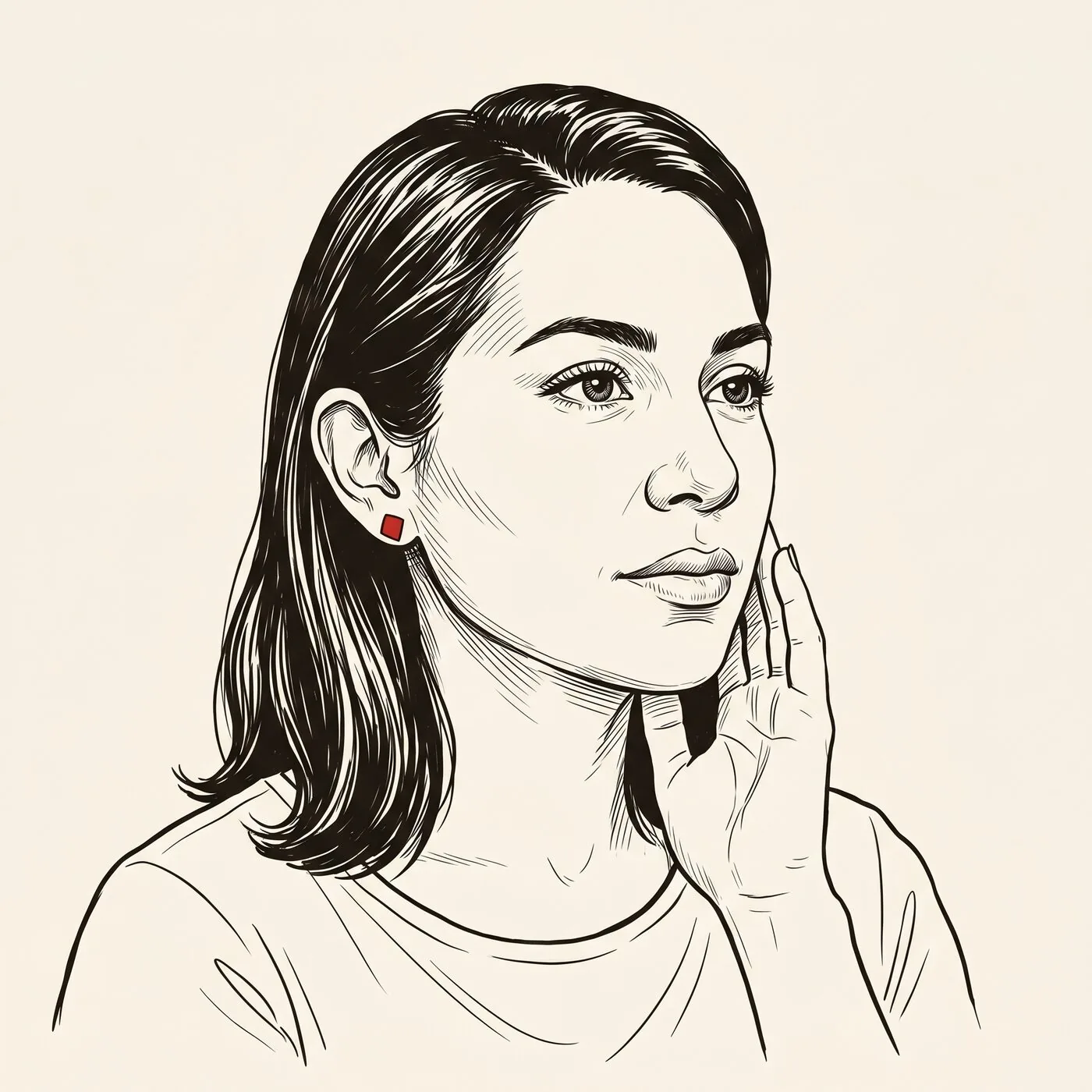 Editorial illustration of a woman in a thoughtful listening pose, hand resting at her jaw, with a small red earring.