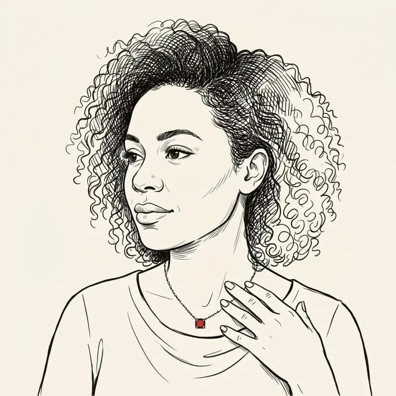 Editorial illustration of a woman with her fingertips resting gently at her own collarbone, calm composed gaze.