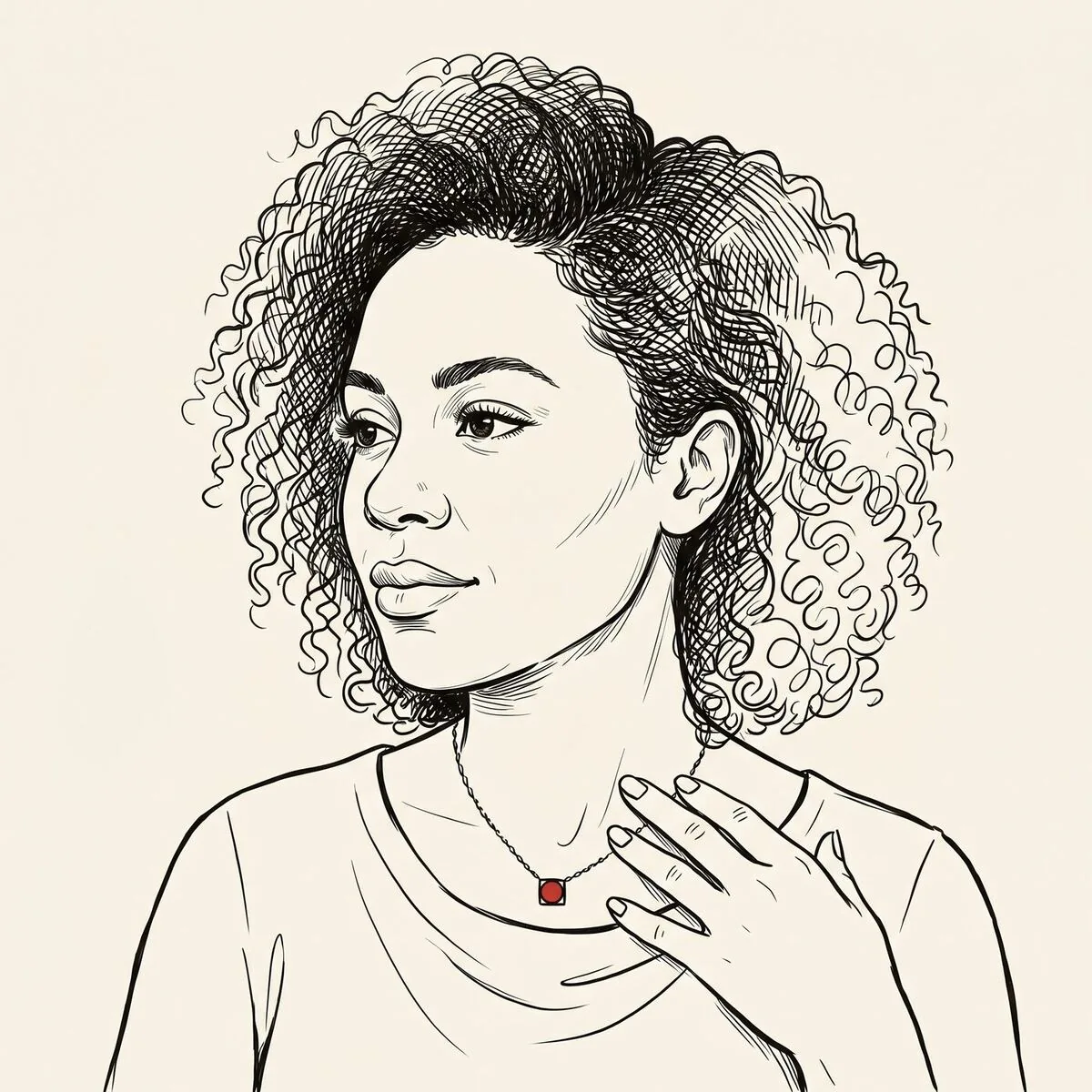 Editorial illustration of a woman with her fingertips resting gently at her own collarbone, calm composed gaze.