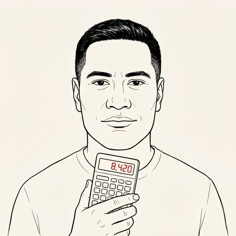 Illustrated portrait of an expat holding a calculator at chest height with a red number on the display — auditing their insurance costs.