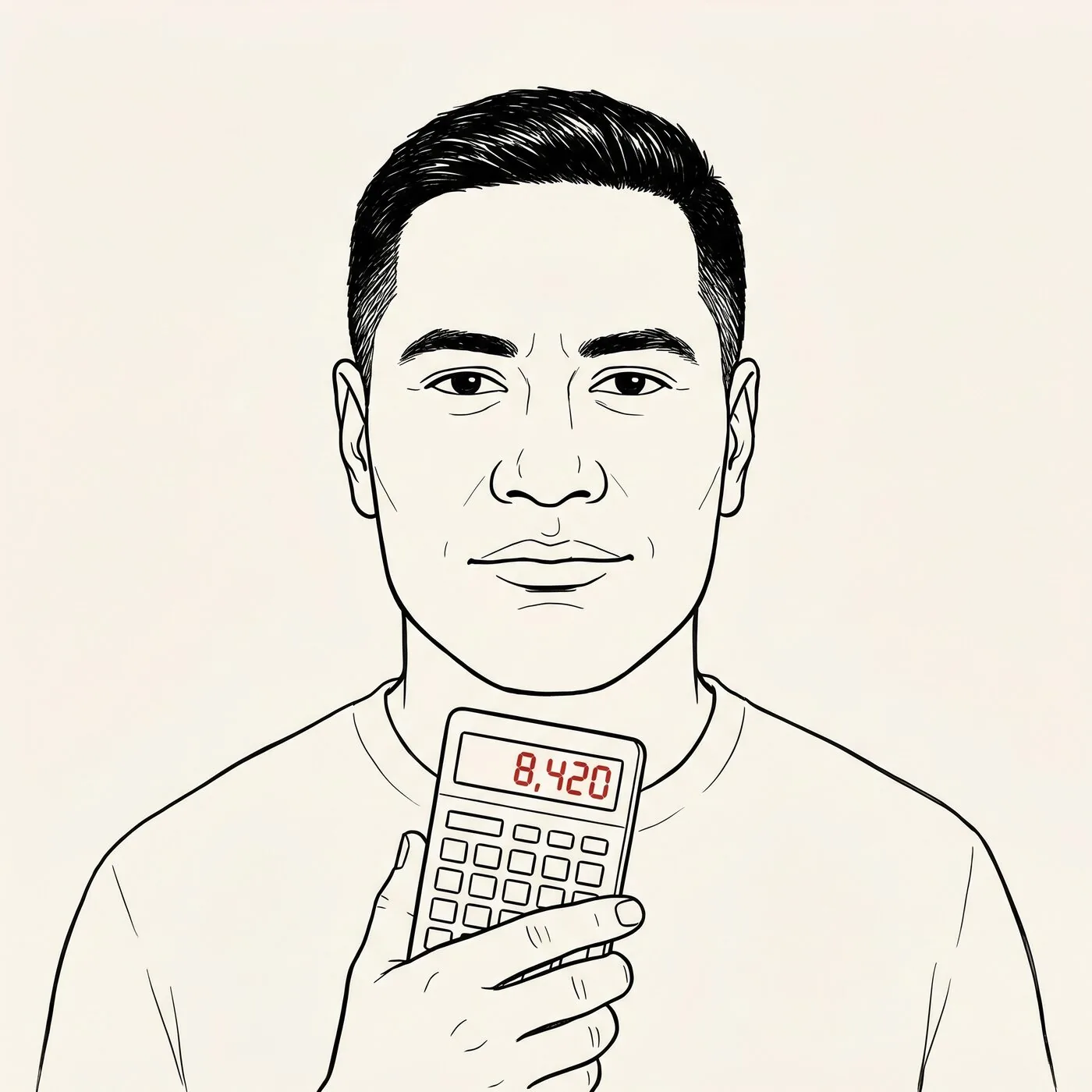 Illustrated portrait of an expat holding a calculator at chest height with a red number on the display — auditing their insurance costs.