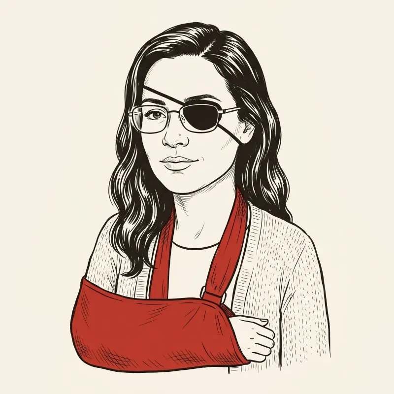 Editorial line illustration of a woman in calm recovery — glasses, black eye patch, red sling — composed wry expression.
