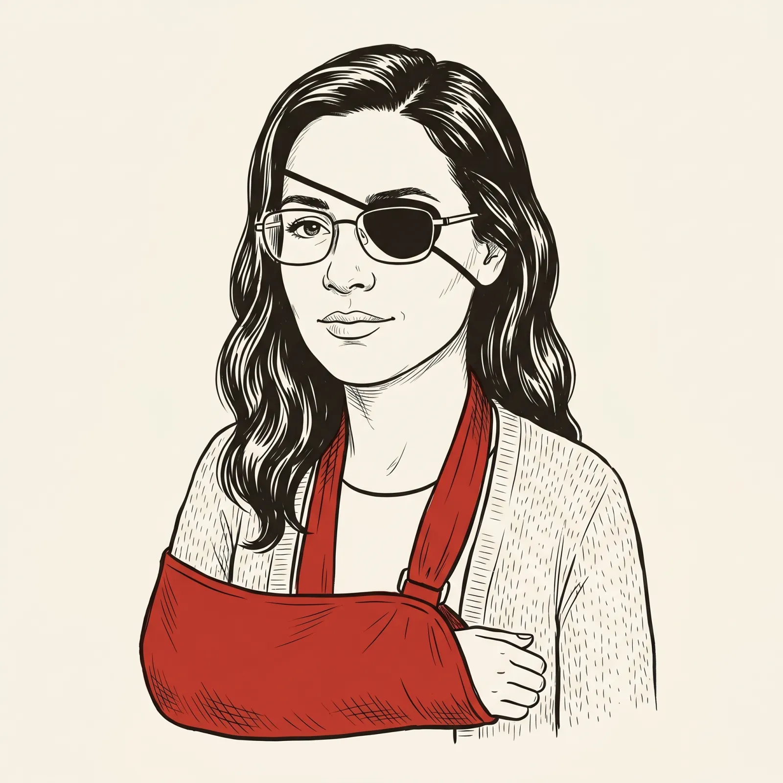Editorial line illustration of a woman in calm recovery — glasses, black eye patch, red sling — composed wry expression.