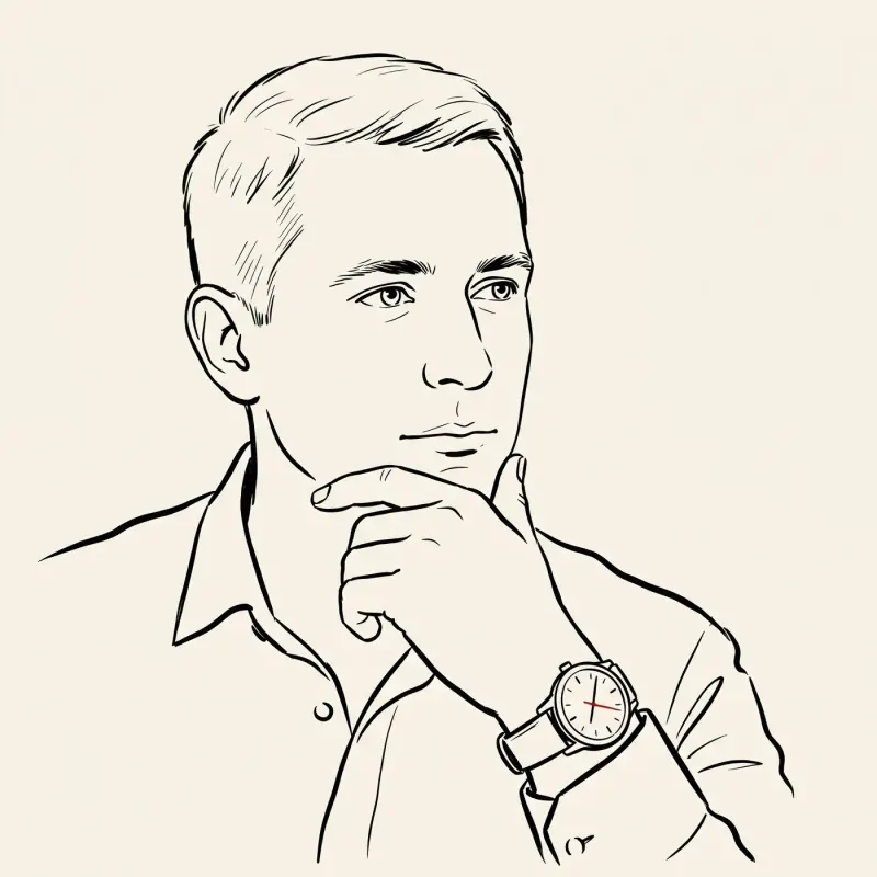 Illustrated portrait of an expat in 3/4 view with hand at chin in thinking-pose, wristwatch visible with a small red detail on the dial.