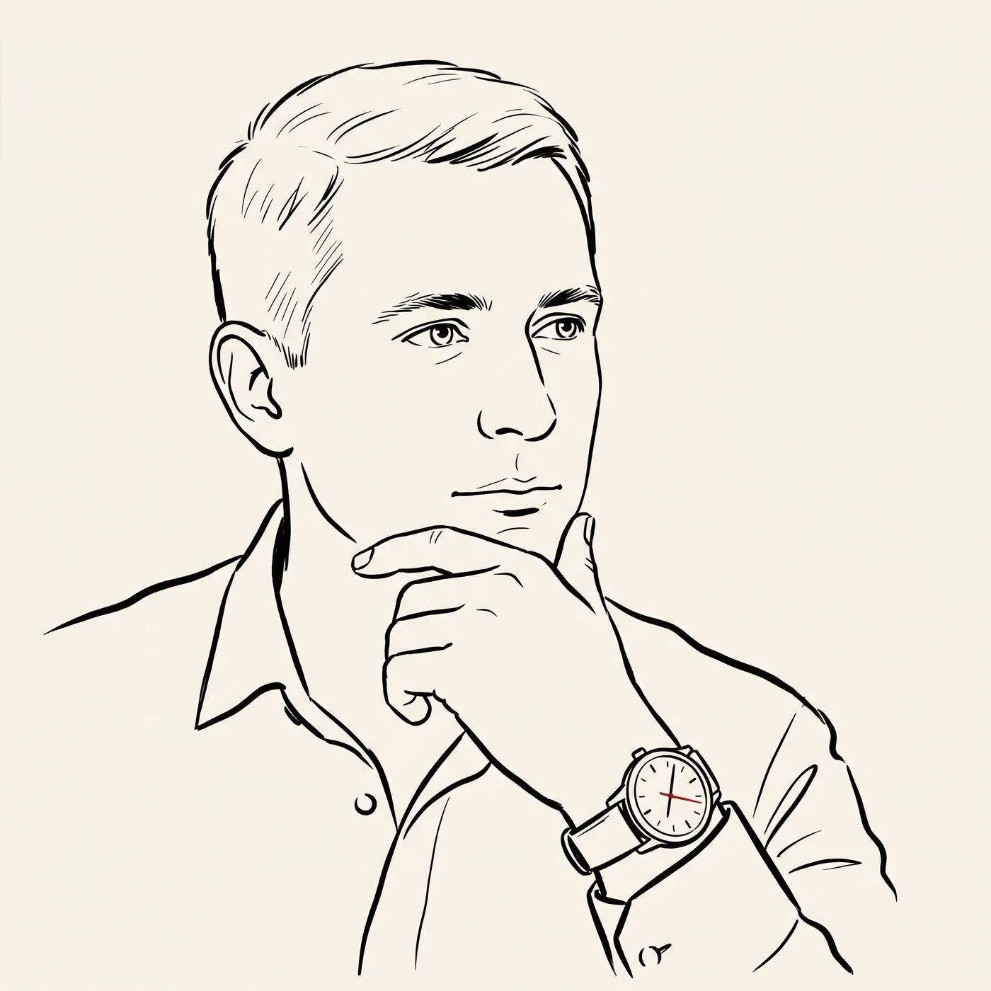 Illustrated portrait of an expat in 3/4 view with hand at chin in thinking-pose, wristwatch visible with a small red detail on the dial.