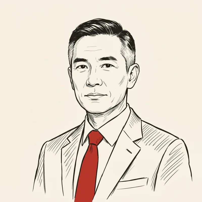 Editorial line illustration of a senior professional in a dark suit and red tie, calm composed gaze.