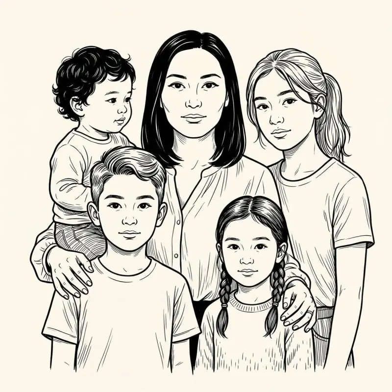 Illustrated portrait of an expat parent holding a family insurance policy summary with a small red checkmark next to a specific line item — reviewing the family-cap protection.