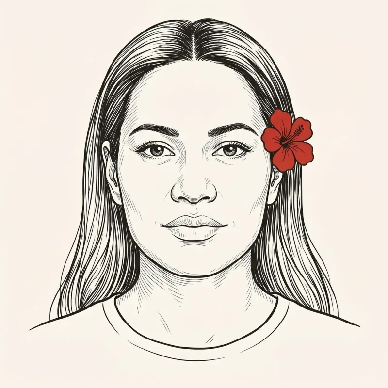 Editorial illustration of an expat with a hibiscus tucked behind her ear, calm composed gaze.