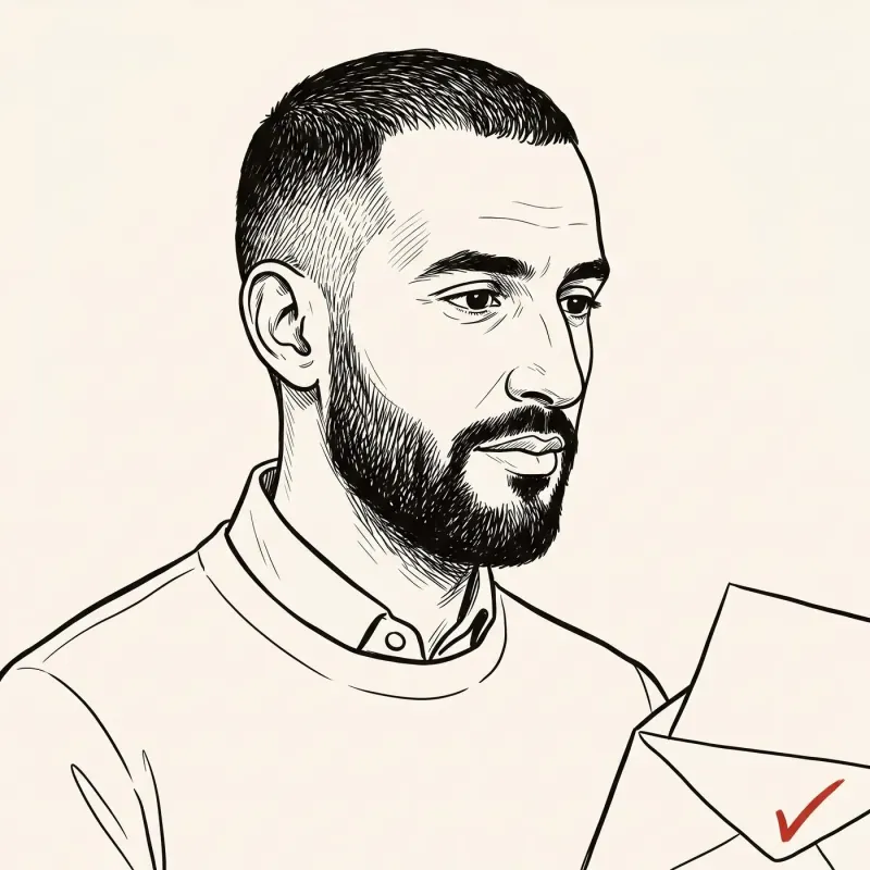 Editorial illustration of a Swiss resident reading a health-insurance premium notification letter, with a small red checkmark in the corner.