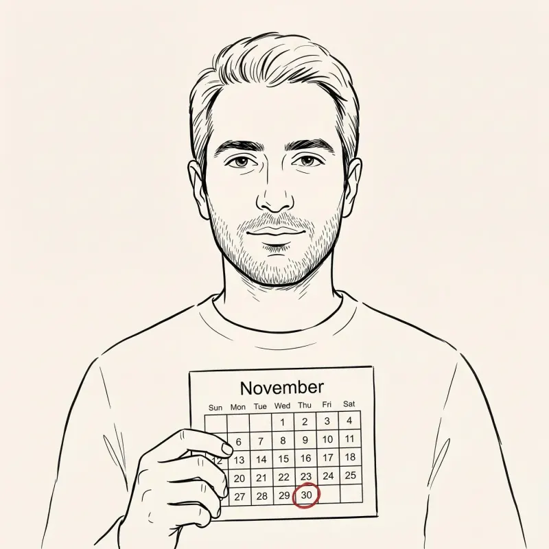 Illustrated portrait of an expat holding a calendar with the November 30 date circled in red — the Swiss insurance switching deadline.