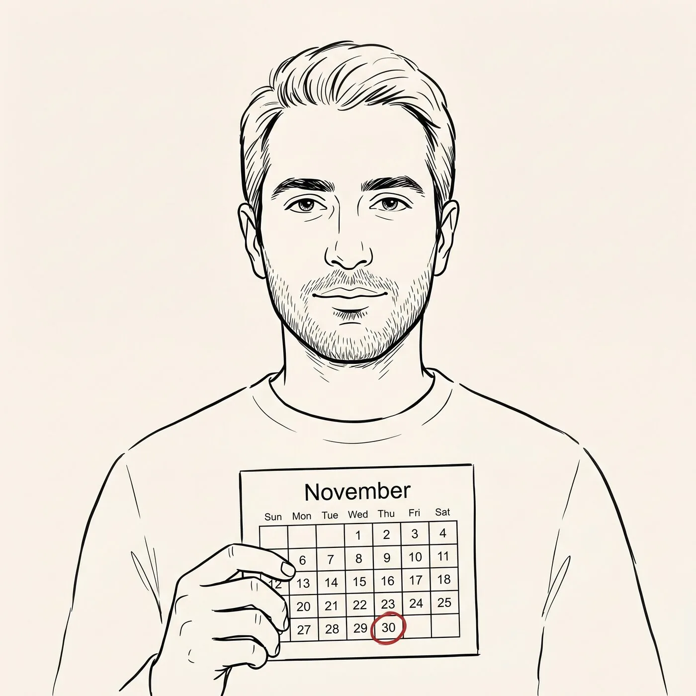 Illustrated portrait of an expat holding a calendar with the November 30 date circled in red — the Swiss insurance switching deadline.