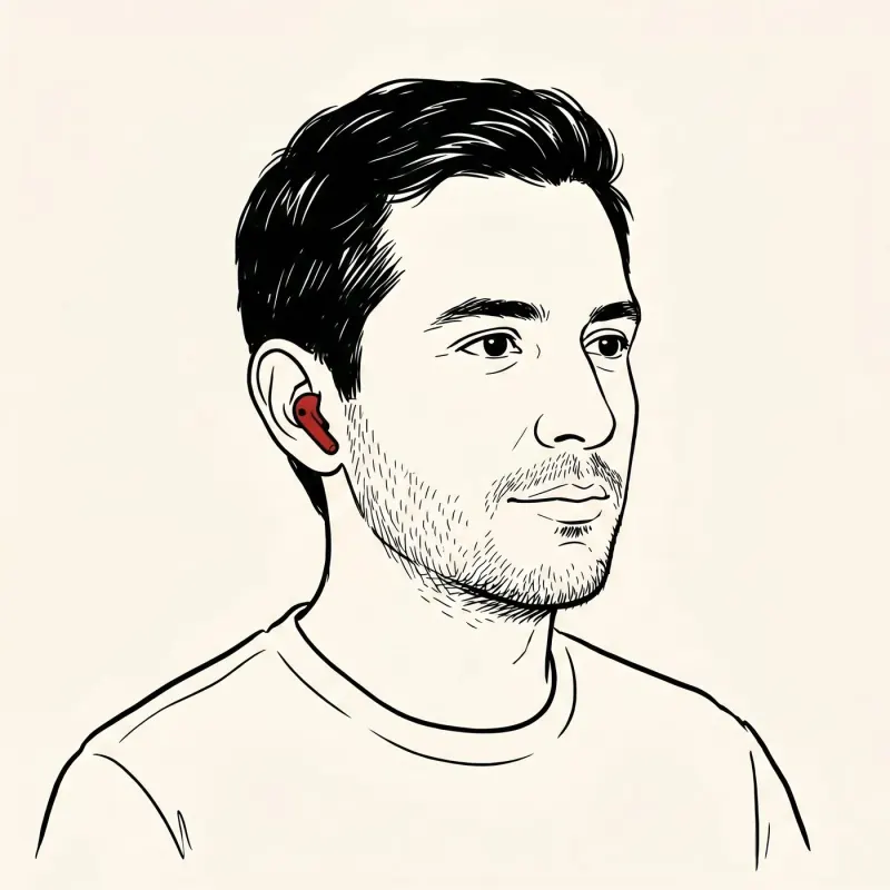 Illustrated portrait of an expat at 3/4 angle with a small wireless earbud showing a red status indicator, listening attentively to a tele-medicine consultation.