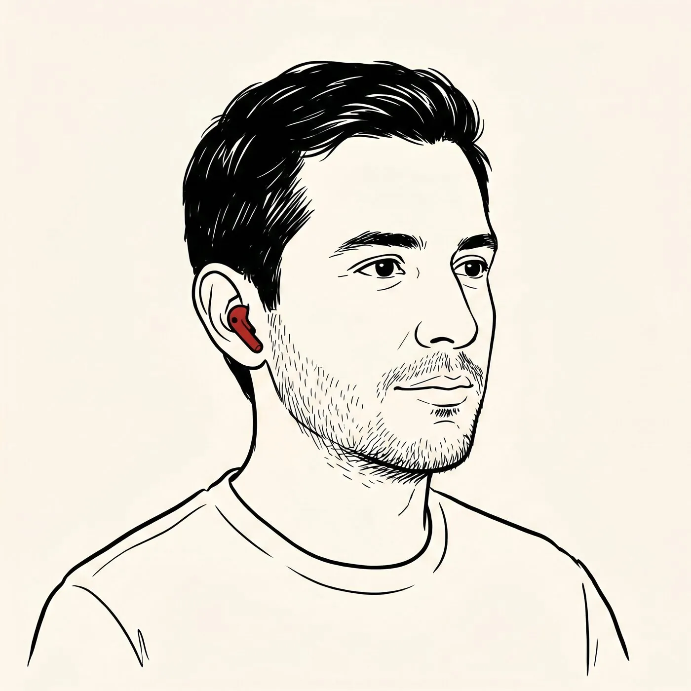 Illustrated portrait of an expat at 3/4 angle with a small wireless earbud showing a red status indicator, listening attentively to a tele-medicine consultation.