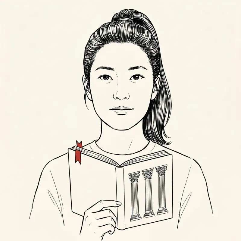 Illustrated portrait of an expat holding a Swiss pension explainer booklet with a red ribbon bookmark, calm focused expression.