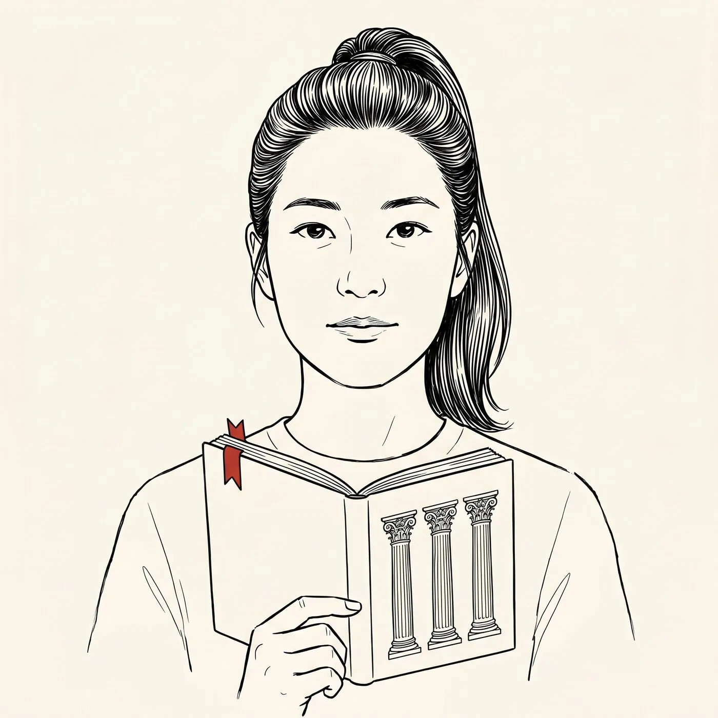 Illustrated portrait of an expat holding a Swiss pension explainer booklet with a red ribbon bookmark, calm focused expression.
