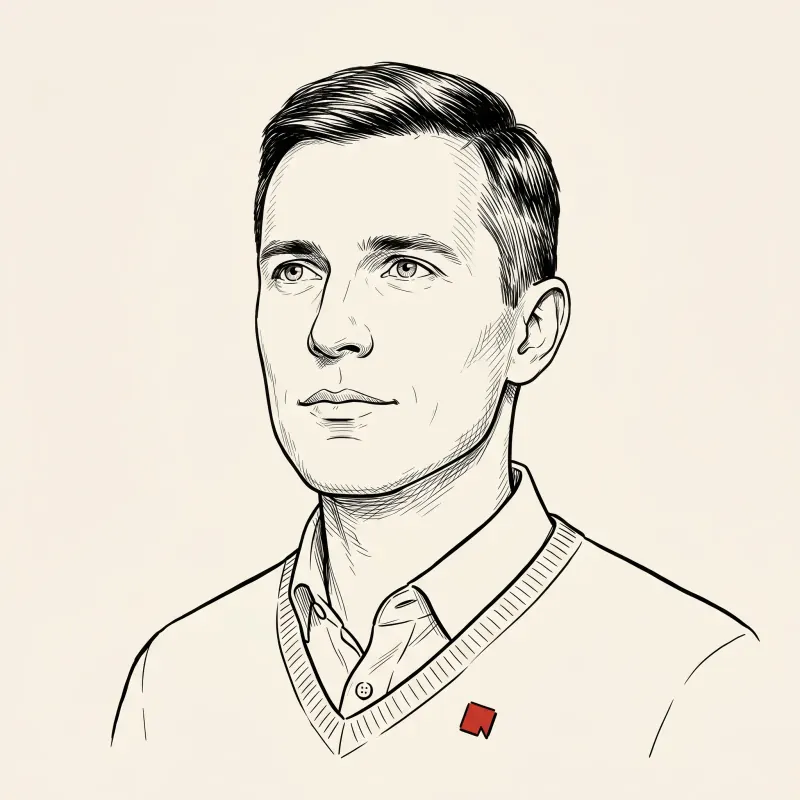 Editorial line illustration of a man in considered upward gaze, weighing options with a small red lapel pin.