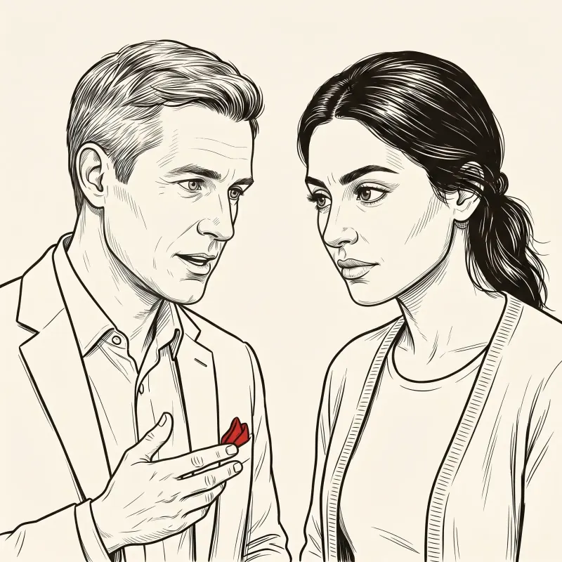 Editorial line illustration of a woman in active-listener pose holding a small red notebook, ready to take notes during a consultation.