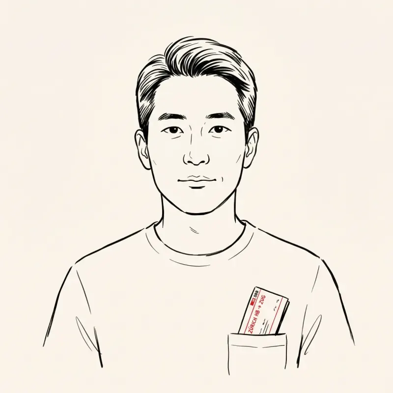 Illustrated portrait of an expat considering a Swiss relocation between Zürich and Zug, with an SBB train ticket showing the route in their pocket.
