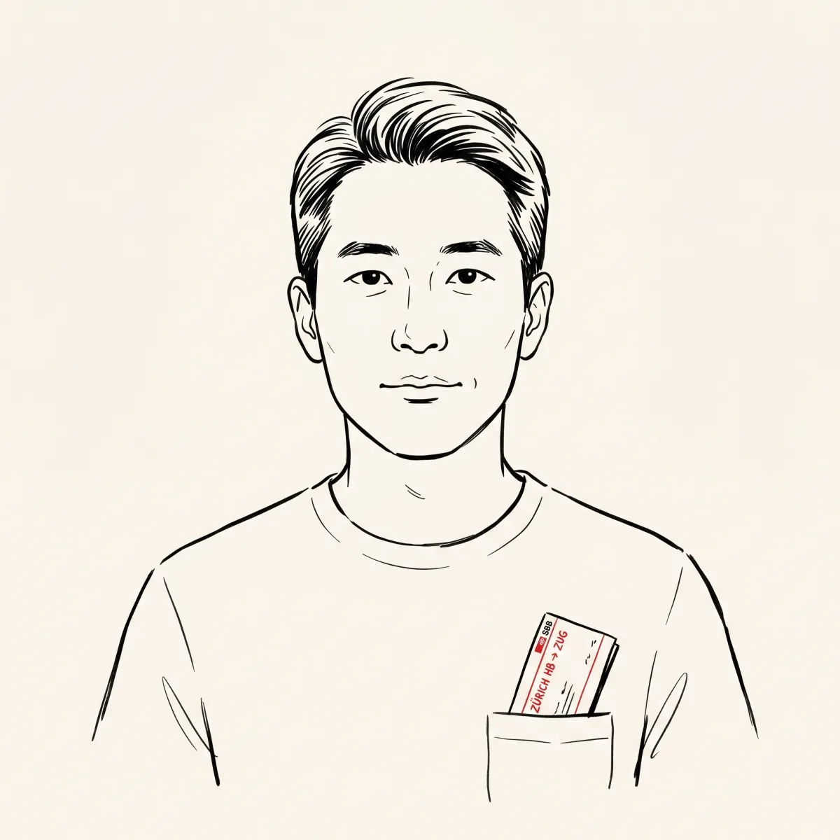 Illustrated portrait of an expat considering a Swiss relocation between Zürich and Zug, with an SBB train ticket showing the route in their pocket.