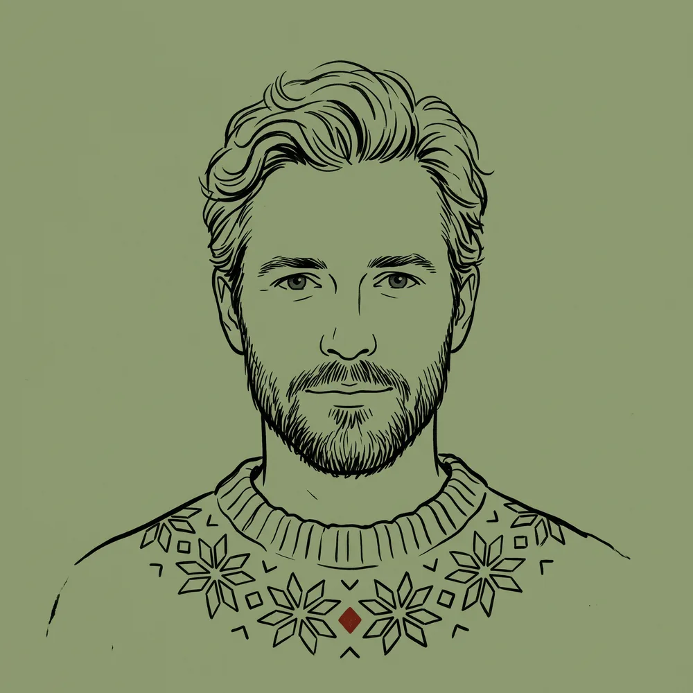 Editorial line illustration of a man with short hair, calm composed gaze, on a sage-green ground.