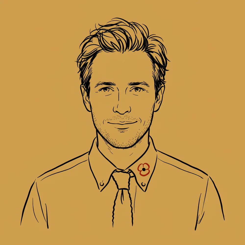 Editorial line illustration of a man in a collared shirt and tie, calm composed gaze, on an ochre ground.