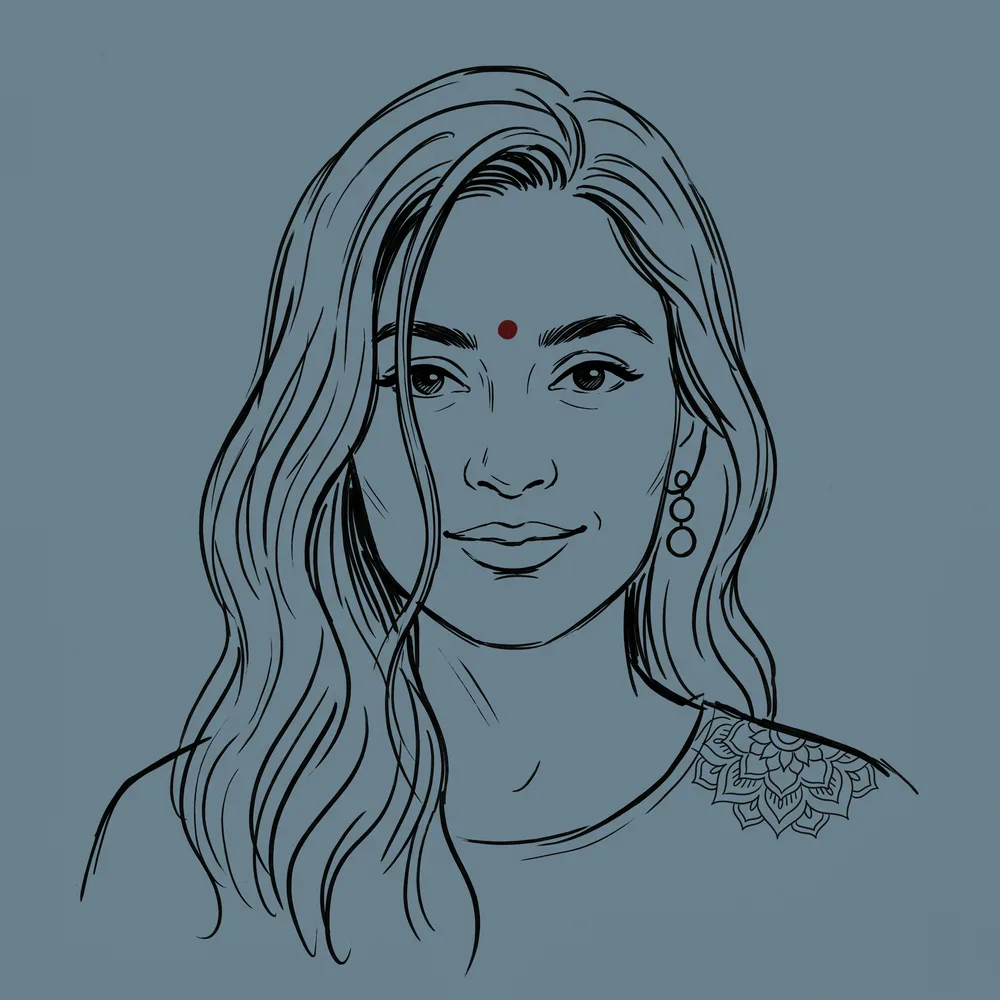 Editorial line illustration of a woman with long wavy hair and a red bindi, calm composed gaze, on a slate-blue ground.