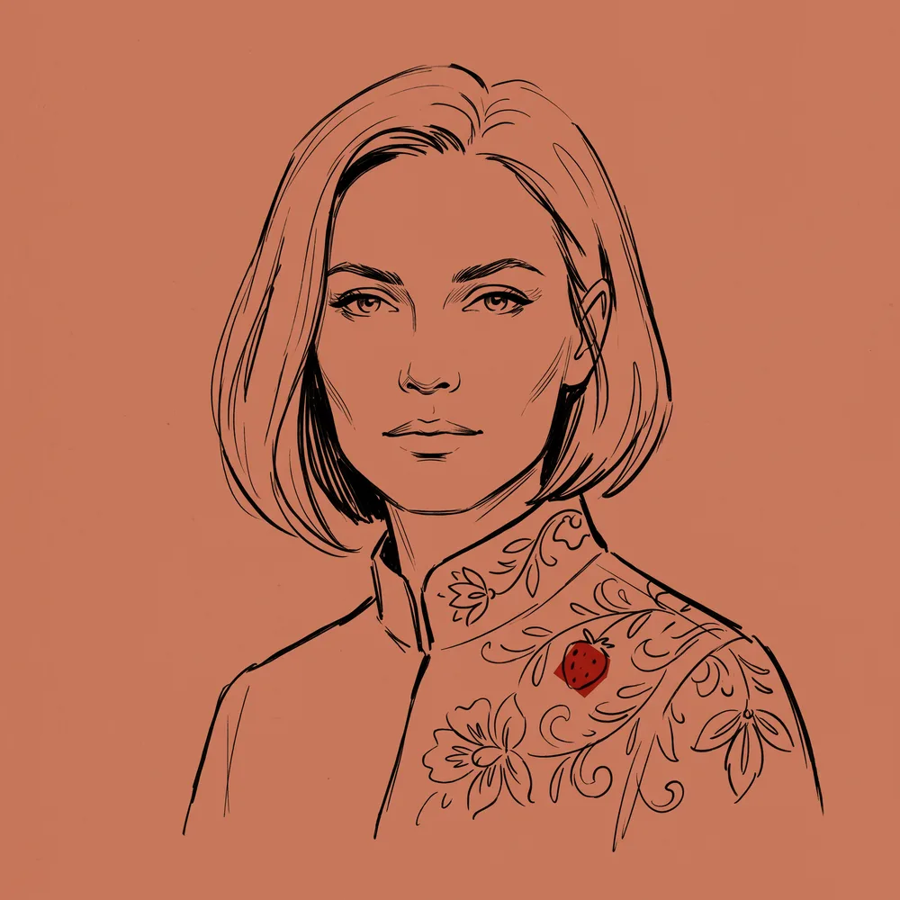 Editorial line illustration of a woman with braided hair, calm composed gaze, on a terracotta ground.